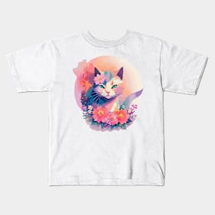 Cute Cat Japanese Style with flowers Kids T-Shirt